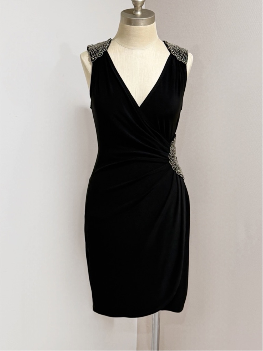 B. Darlin Women's Black Embellished Faux Wrap Cocktail Dress Size S